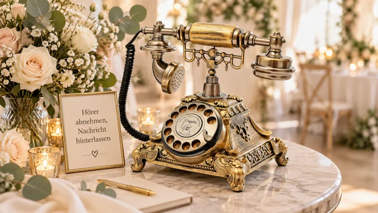 Goldenes Audiogästebuch mit Blumen und Anleitung auf einem Hochzeitstisch