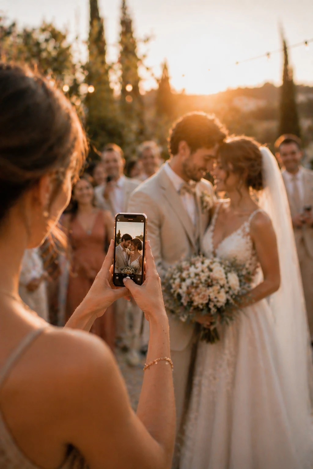 Glückliches Brautpaar bei goldenem Abendlicht, während Gäste den Moment fotografieren