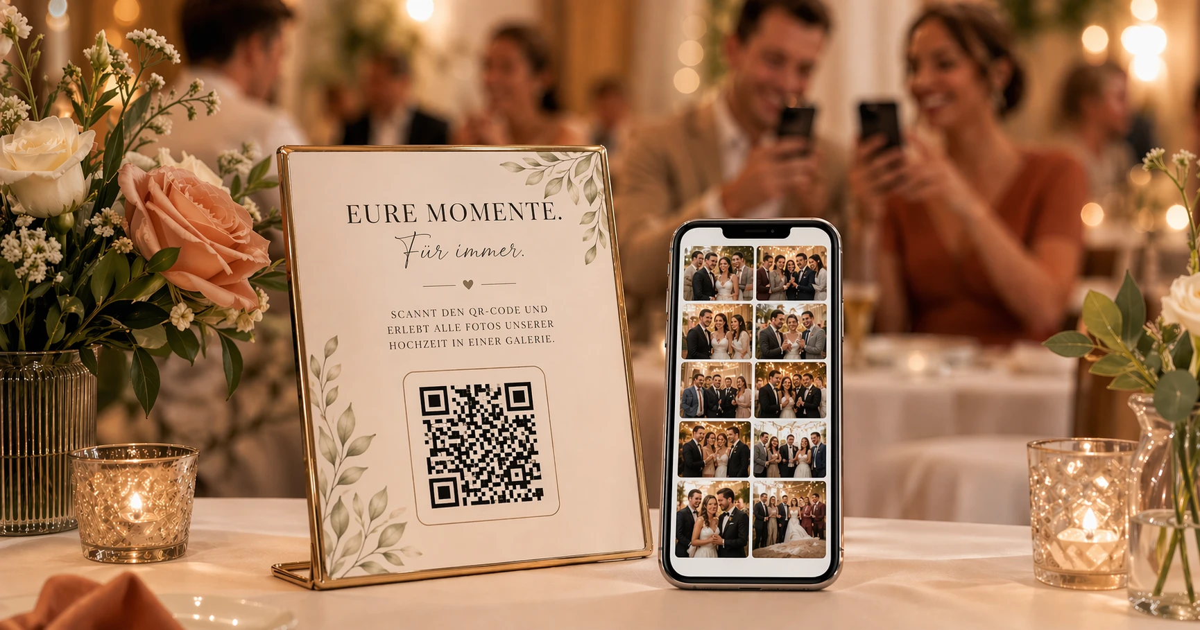 QR-Code Aufsteller und Smartphone mit Hochzeitsbildergalerie auf einer Hochzeitsfeier