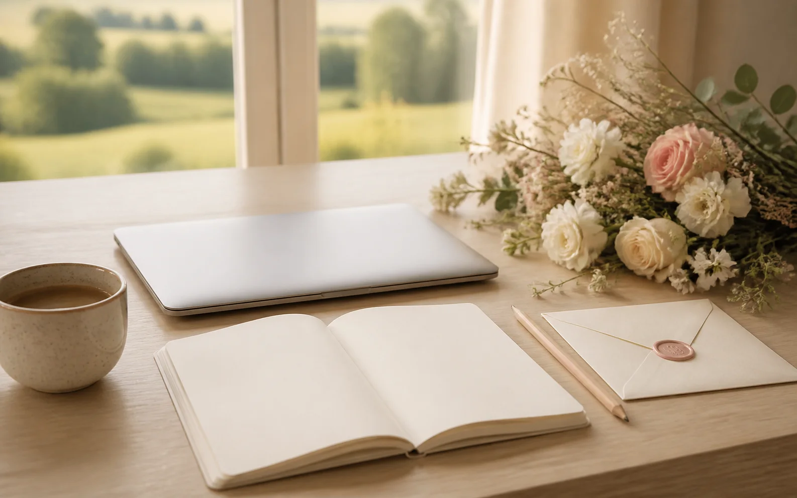 Stilvoller Arbeitsplatz mit geschlossenem Laptop, Hochzeitseinladung, Notizbuch und Blumen