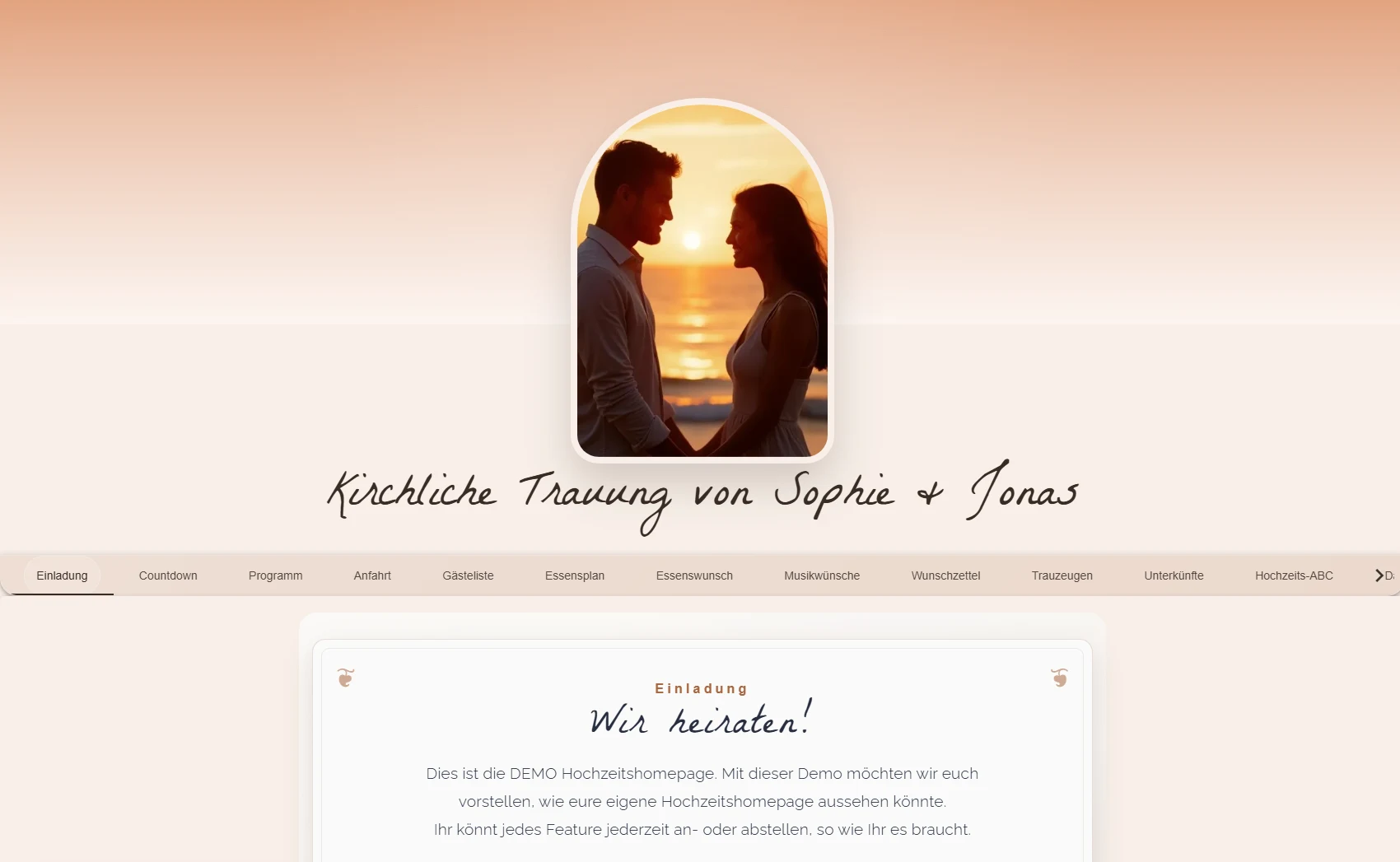 Emotionales und verspieltes Hochzeitshomepage-Beispiel